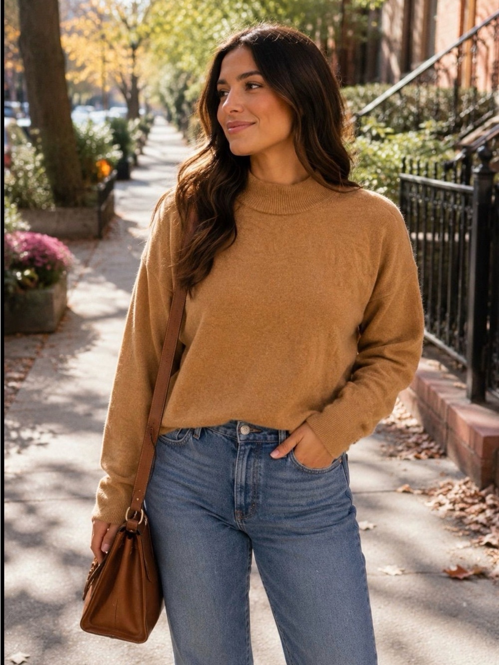 Madewell 100% Cashmere Mock Neck Sweater Camel Brown
